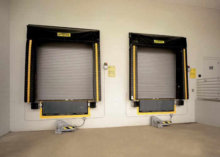 two rolling steel doors on loading dock